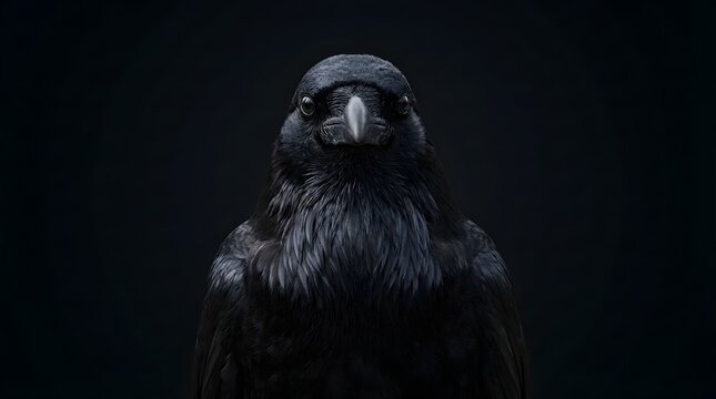 Centered in a dramatic, low-key studio shot, a mysterious black raven stares directly at the viewer from the dark void.