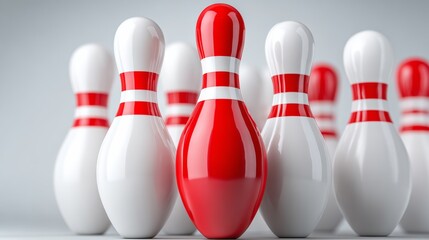 A row of bowling pins with one red and white one in the middle.