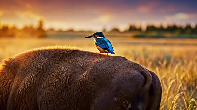 Small Kingfisher Bird Perched on Bison Back in Golden Field at Sunset