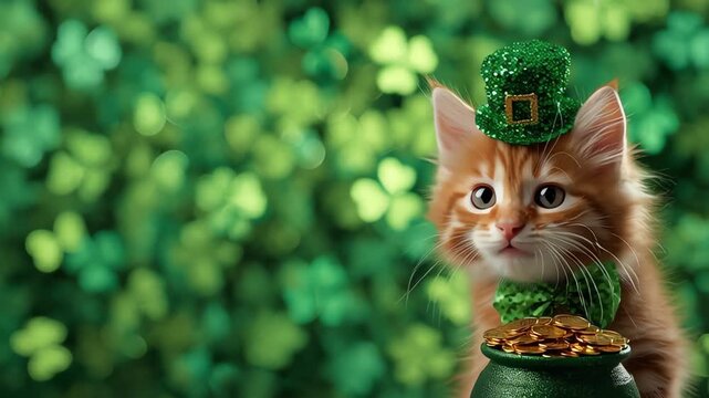 St Patrick's Day Kitten Pot of Gold and Shamrocks Background