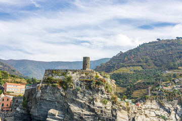 Fototapeta premium Beautiful cliffside of Cinque Terre and Amalfi Coast in Italy viewed from the sea