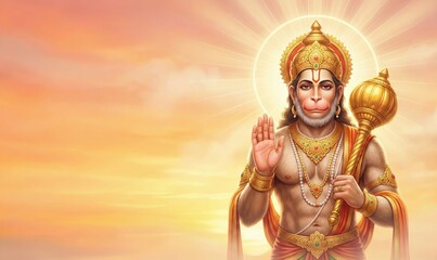 Obraz premium Lord Hanuman Blessing Pose with Golden Sunrise Halo – Peaceful Devotional Artwork