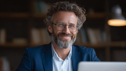 Fototapeta premium A smiling man with glasses and curly hair in a professional setting.