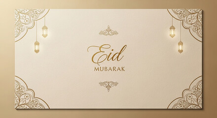 Elegant eid mubarak greeting card with intricate gold decorative elements and hanging lanterns on light beige textured background