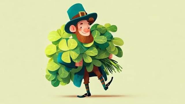 Cute Leprechaun Character Holding Giant Bundle of Shamrocks