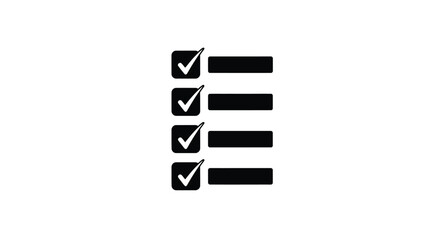 Black and white icon representing a completed checklist with four verified tasks against horizontal lines