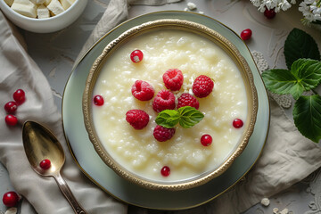 rice dessert pudding with berries on table top view