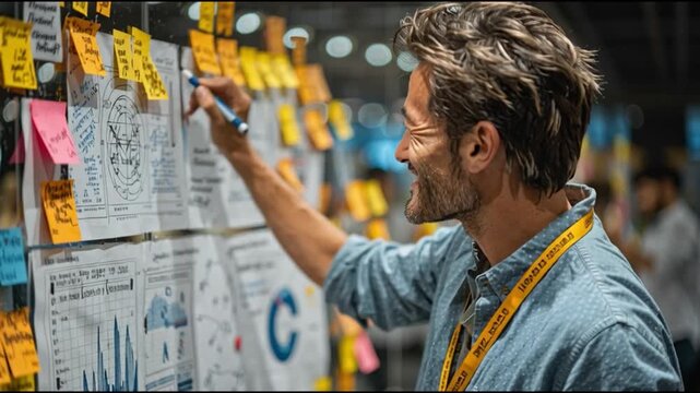 Man working on a project writing on sticky notes on a glass wall