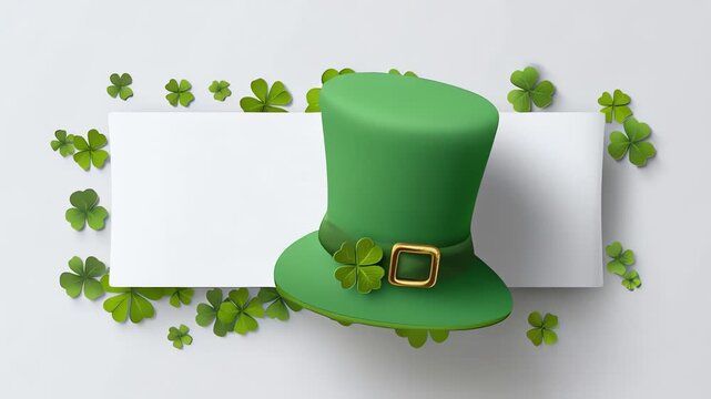Green Leprechaun Hat and Shamrocks Banner for St Patricks Day Greeting Card