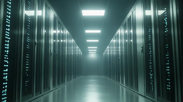 Server room interior with rows of data racks and flashing lights, creating a modern, high tech environment for cloud computing, cybersecurity, and digital information management