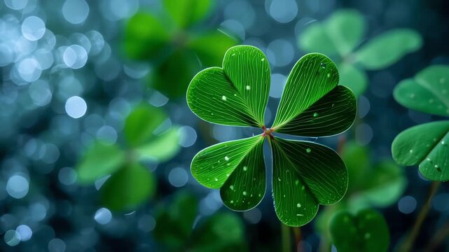Macro shot of a bright green four-leaf clover with mystical blue bokeh