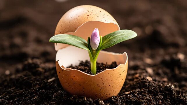 Progression of a flower blooming inside an eggshell from a small sprout to a full blossom. Metaphor for growth, potential, new beginnings and sustainable ideas