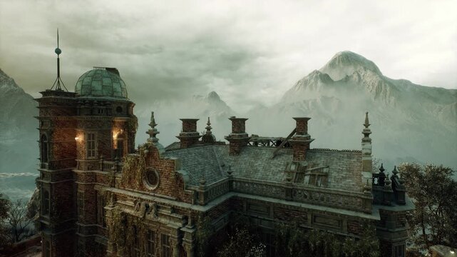 Moody mountain castle glowing at dusk, ornate rooftop, spires and lanterns, mist rolling over valley, stone masonry and weathered battlements, warm interior