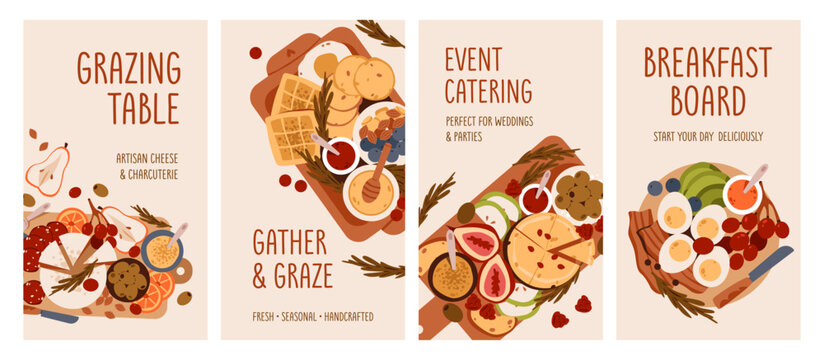 Grazing Table and Breakfast Board Promo Templates. Artisan cheese boards, event platters, and breakfast spreads for social media marketing.