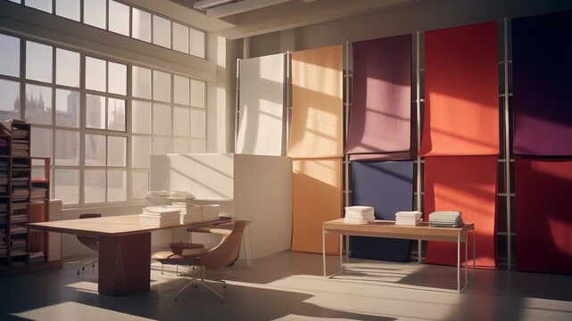 Bright creative studio featuring an elegant workspace. Large windows overlooking a city skyline. And a display of various vibrant fabric swatches. Creating an inspiring environment for textile design
