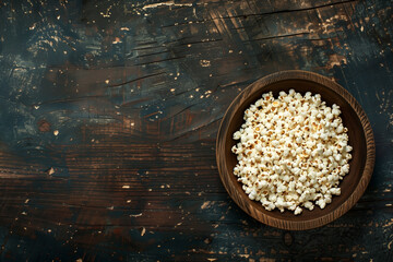 wooden bowl with salted popcorn on table top view