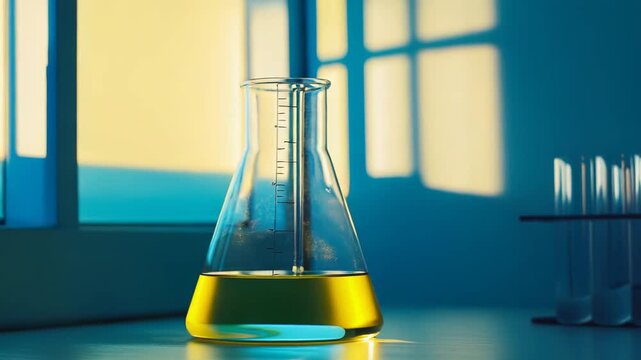 Laboratory flask filled with a bright yellow liquid on a counter, reflecting light and shadow from a window, symbolizing scientific discovery and chemical experimentation