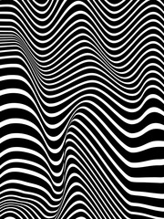 Seamless black and white abstract background with a geometric zebra stripe pattern and optical illusion wave lines for a modern vector texture wallpaper