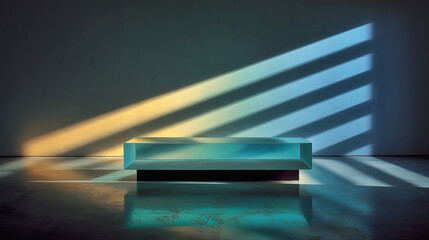 Obraz premium Minimal Glass Podium In Modern Room With Colorful Light Shadows