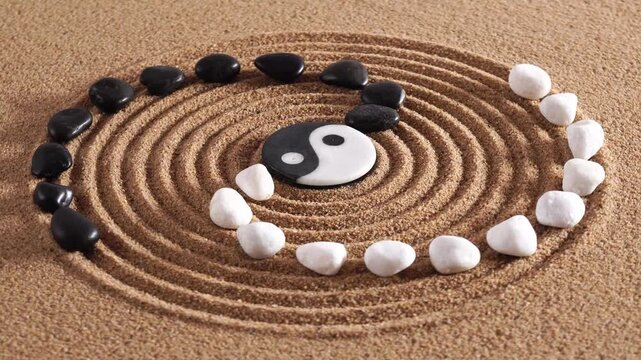 Japanischer ZEN Garten der Meditation und Entspannung f&uuml;r K&ouml;rper, Geist und Seele mit Sand und Yin Yang