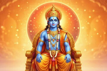 Fototapeta premium Lord Ram Sitting on Golden Throne with Radiant Halo – Royal Devotional Hindu Artwork