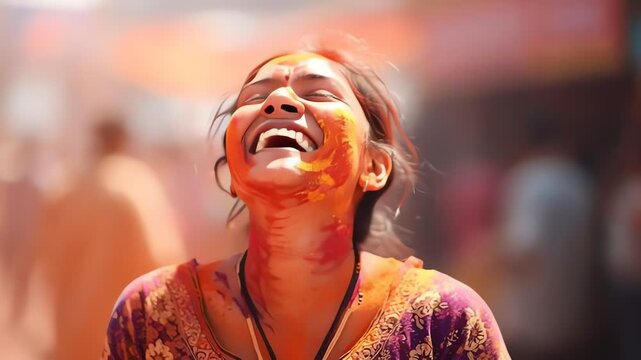Joyful Indian Woman Celebrating Holi Covered in Vibrant Powder