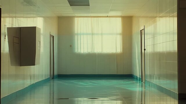 Hospital hallway features a bright window revealing sunlight, casting reflections and shadows on the clean tiled walls and glossy floor, creating a quiet and empty atmosphere