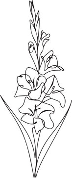 One single line drawing of beauty fresh gladiolus for home wall decor poster art. Printable decorative sword gladius flower concept for fashion textile. one line Icon drawing