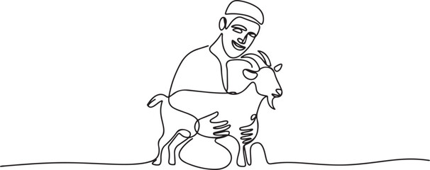 Fototapeta premium One continuous line drawing of young happy muslim holding a goat. Muslim holiday the sacrifice a sheep or goat to God, Eid al Adha greeting card concept. one line Icon drawing