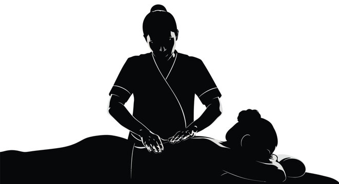 Silhouette of a professional masseuse applying therapeutic massage techniques to a client's lower back