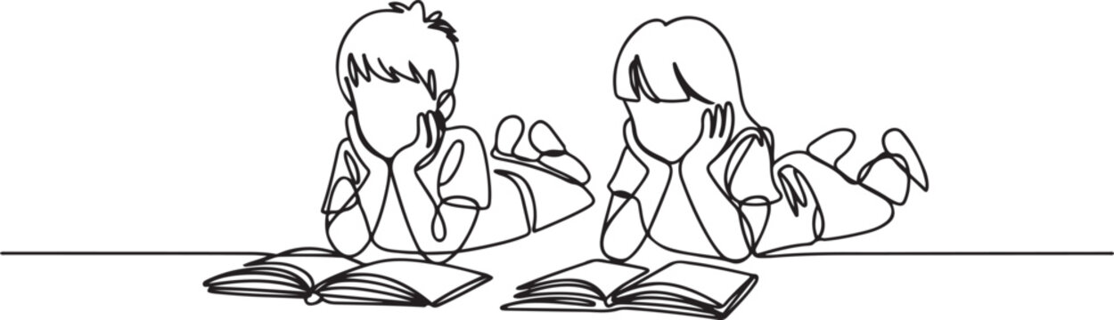 Continuous one line drawing two kids boy and girl reading, learning and laying down on the floor. Study at home. Smart students, education concept. one line Icon drawing