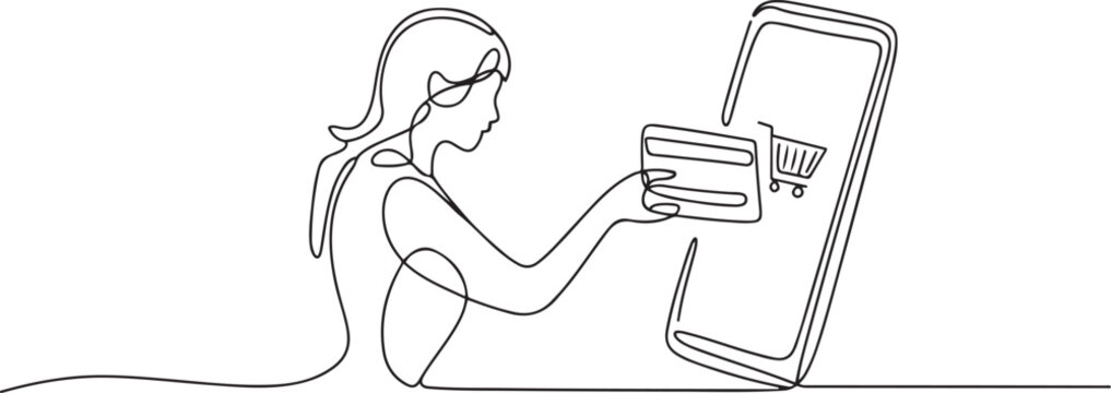 Single one line drawing young woman inserting credit card into canopy smartphone screen with shopping cart. Digital payment concept. one line Icon drawing