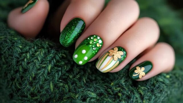 Green manicure with shamrock nail art design on knitted fabric. Saint Patrick's Day, St Paddy's Day, St Patty's Day - Irish National Holiday and Cultural Celebration