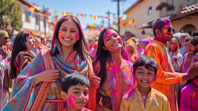 Joyful Indian family celebrating Holi festival with bright colors