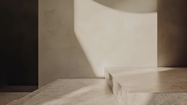 Product display stage featuring an empty stone podium platform with multiple levels, bathed in soft afternoon sunlight creating geometric shadows on textured cream walls and floor
