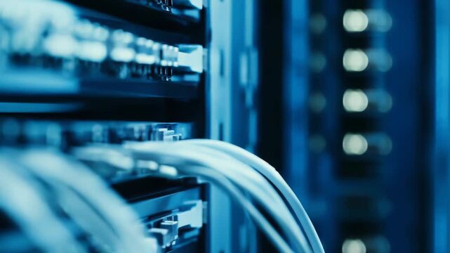 Network cables and patch panels in a datacenter rack, showing organized ethernet and fiber connections powering cloud computing, data transfer and modern it infrastructure
