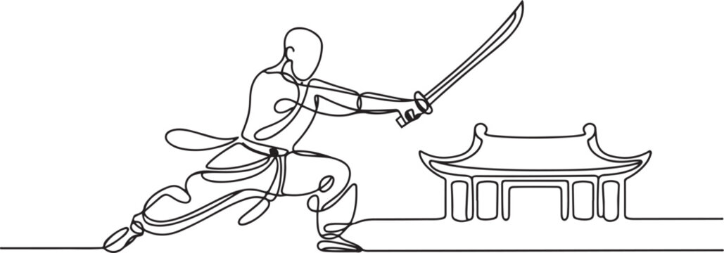 One single line drawing of young energetic shaolin monk man exercise kung fu fighting with sword at temple vector illustration. Ancient martial art sport concept. one line Icon drawing