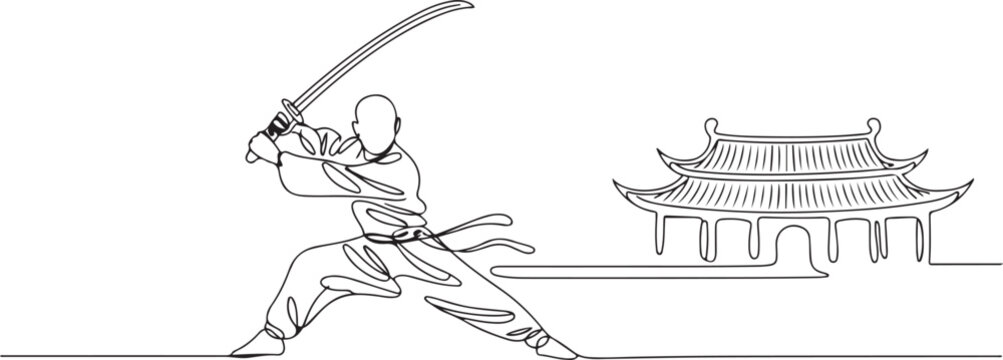 One single line drawing of young energetic shaolin monk man exercise kung fu fighting with sword at temple vector illustration. Ancient martial art sport concept. one line Icon drawing