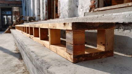 Rustic Outdoor Wooden Pallet Furniture on Concrete Surface Close Up