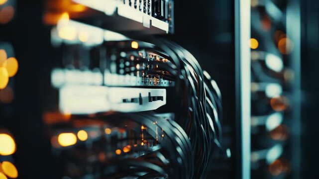 Server rack systems handling data flow with numerous network cables and blinking indicator lights, showcasing information technology and connectivity infrastructure