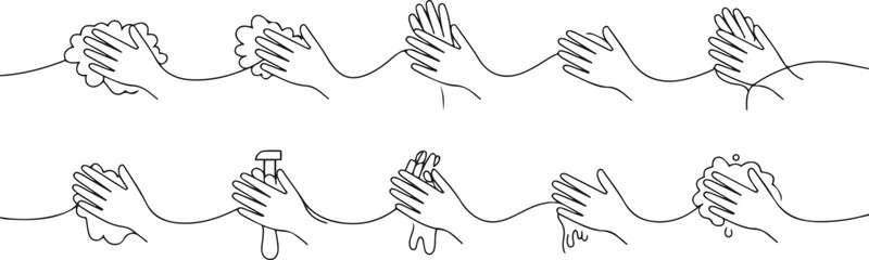Obraz premium Continuous one line drawing twelve steps hand washing by rubbing the palms of the hands with soap until they are clean from germs. Hand hygiene. one line Icon drawing