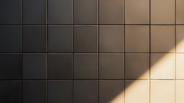 Tiled exterior wall bathed in morning sun, casting crisp geometric shadows across cream ceramic squares and textured concrete for a minimalist, contemporary architectural pattern