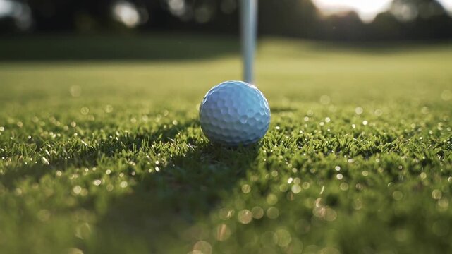 Extreme low-angle cinematic shot at grass level on a pristine golf green, macro perspective following a white golf ball rolling in slow motion across perfectly trimmed grass, subtle turf texture visib
