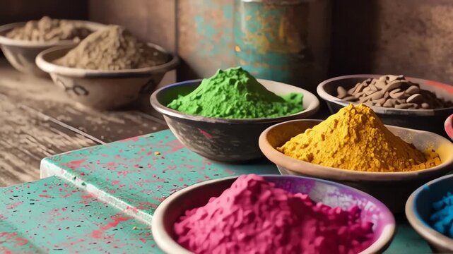 Colorful Pigments in Bowls Traditional Indian Holi Powder Gulal