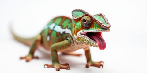 Obraz premium Vibrant chameleon with orange tongue, showcasing its unique patterns against a white background.