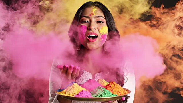 Holi Rang Panchami Portrait of Indian woman enjoying in color powder in air surrounding environment, happy, dancing, bride Festival of colors, festive photography candid. 