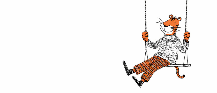happy tiger smiling and standing in checkered harem pants on white background lifestyle minimal line drawing