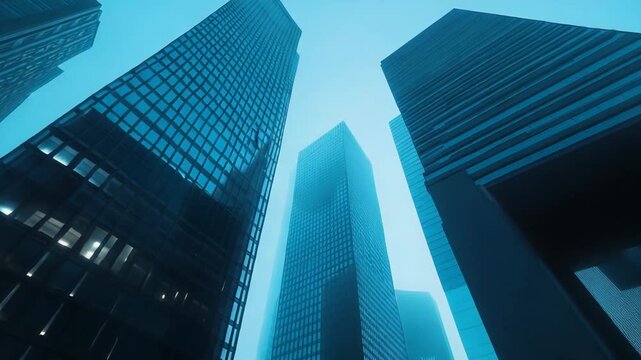 Tall glass skyscrapers dominate a contemporary urban skyline, their architectural lines disappearing into a widespread atmospheric fog, creating a moody and professional metropolitan environment