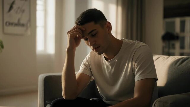 Sad Man Deep in Thought in the Living Room 