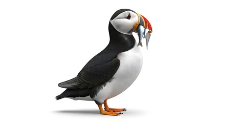 Cartoon Puffin holding a small fish in its beak, isolated on white background